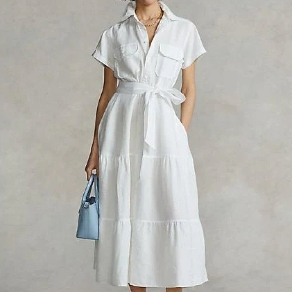 Polo Ralph Lauren White linen tiered midi dress